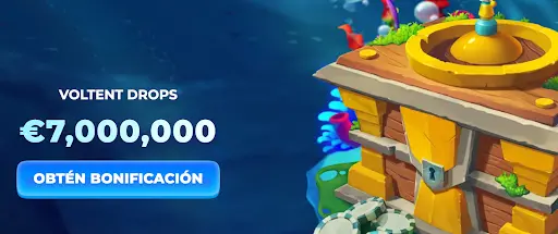 Cofre dorado sobre una plataforma marina decorada con fichas de casino representando los premios de Voltent Drops