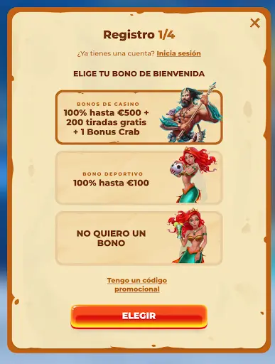 Pantalla de registro paso 1 con opciones de bono de bienvenida en un casino online