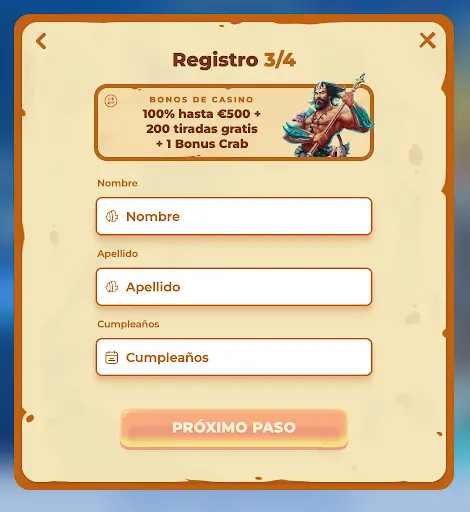 Paso 3 del formulario de registro en el casino online con campos para nombre, apellido y cumpleaños