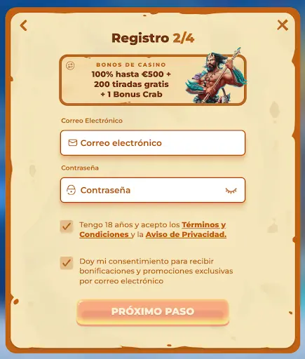 Paso 2 del registro en el casino online con campos para correo electrónico y contraseña