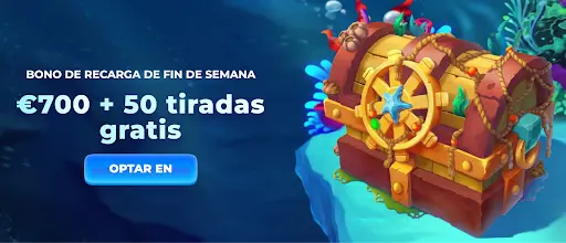 Cofre del tesoro en fondo marino junto a promoción de recarga de fin de semana en Posido Casino