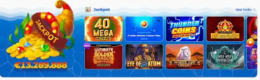Ilustración de jackpot con cuerno de la abundancia y juegos de casino como 40 Mega Hotfire, Thunder Coins y Majestic King en pantalla