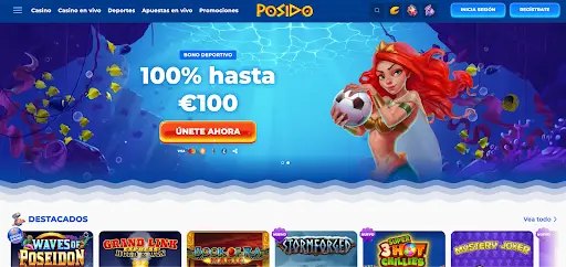 Promoción de Posido Casino con personaje submarino y oferta del 100% hasta €100