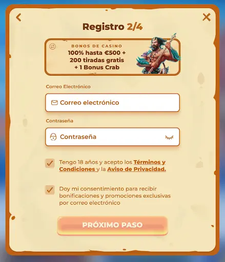 Formulario de registro en Posido Casino – paso 2 de 4 con oferta destacada