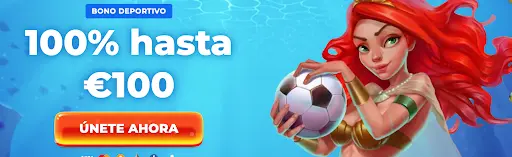 Personaje femenino pelirrojo con balón de fútbol, promocionando un bono deportivo del 100% hasta €100.