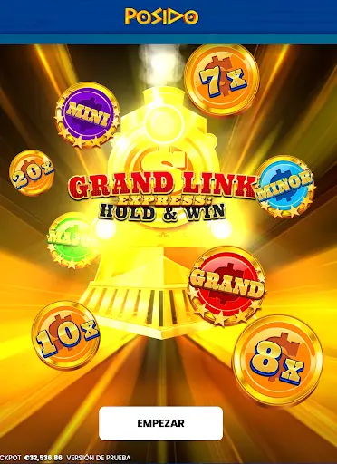 Pantalla de inicio de la tragaperras Grand Link Express: Hold & Win con multiplicadores y niveles de premio