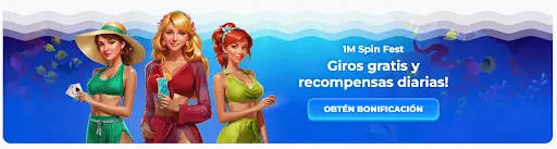 Tres personajes femeninos en traje de verano promocionan el evento 1M Spin Fest con giros gratis y recompensas diarias
