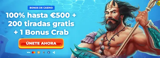Bonificación de casino del 100% hasta €500 con 200 tiradas gratis y 1 Bonus Crab, ilustrado con un dios marino sosteniendo un tridente